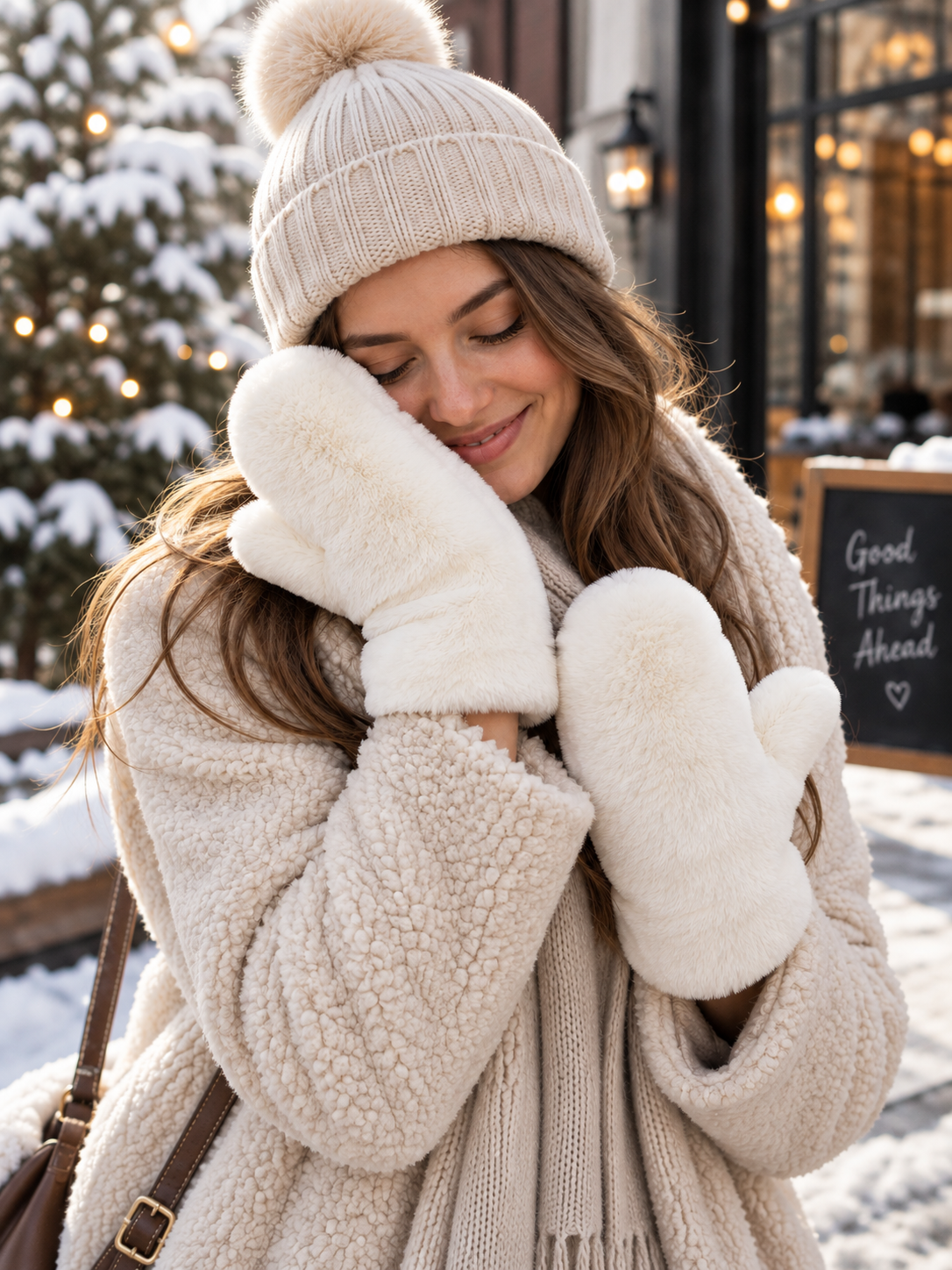 Cloud-Soft Mittens in plush white faux fur, worn with a warm cream winter outfit